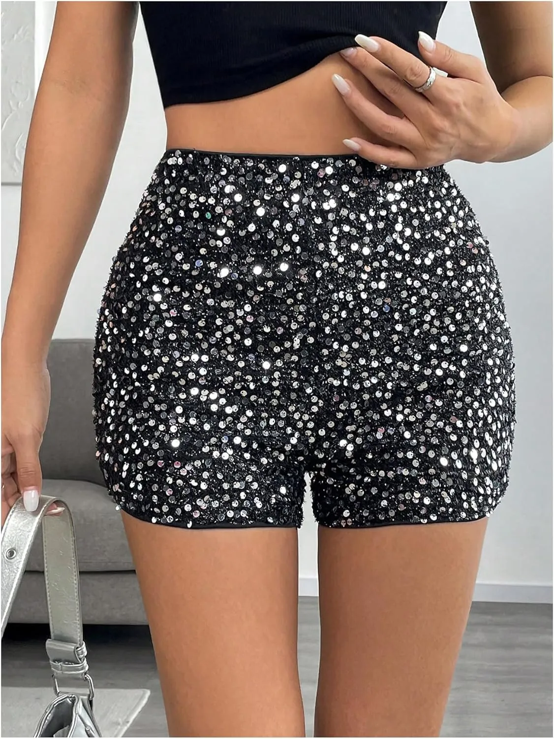 Floerns Women's Plus Size Sequin Tight Shorts High Waist Straight Leg Party Mini Shorts