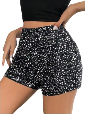 Floerns Women's Plus Size Sequin Tight Shorts High Waist Straight Leg Party Mini Shorts