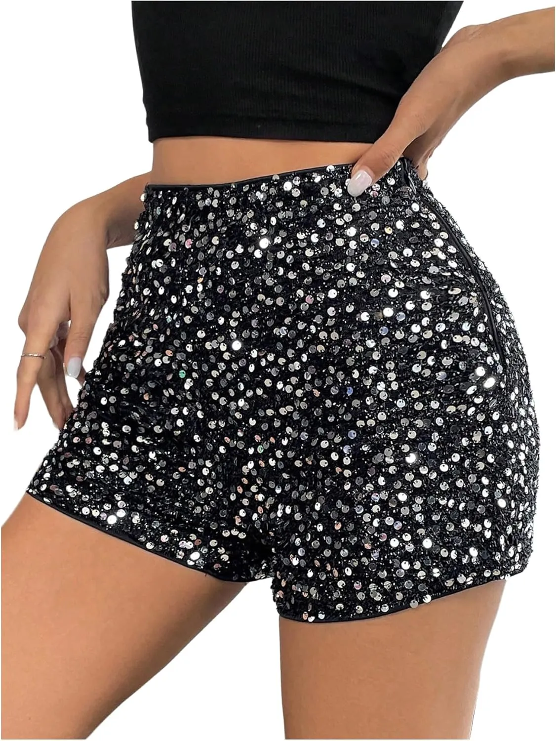Floerns Women's Plus Size Sequin Tight Shorts High Waist Straight Leg Party Mini Shorts