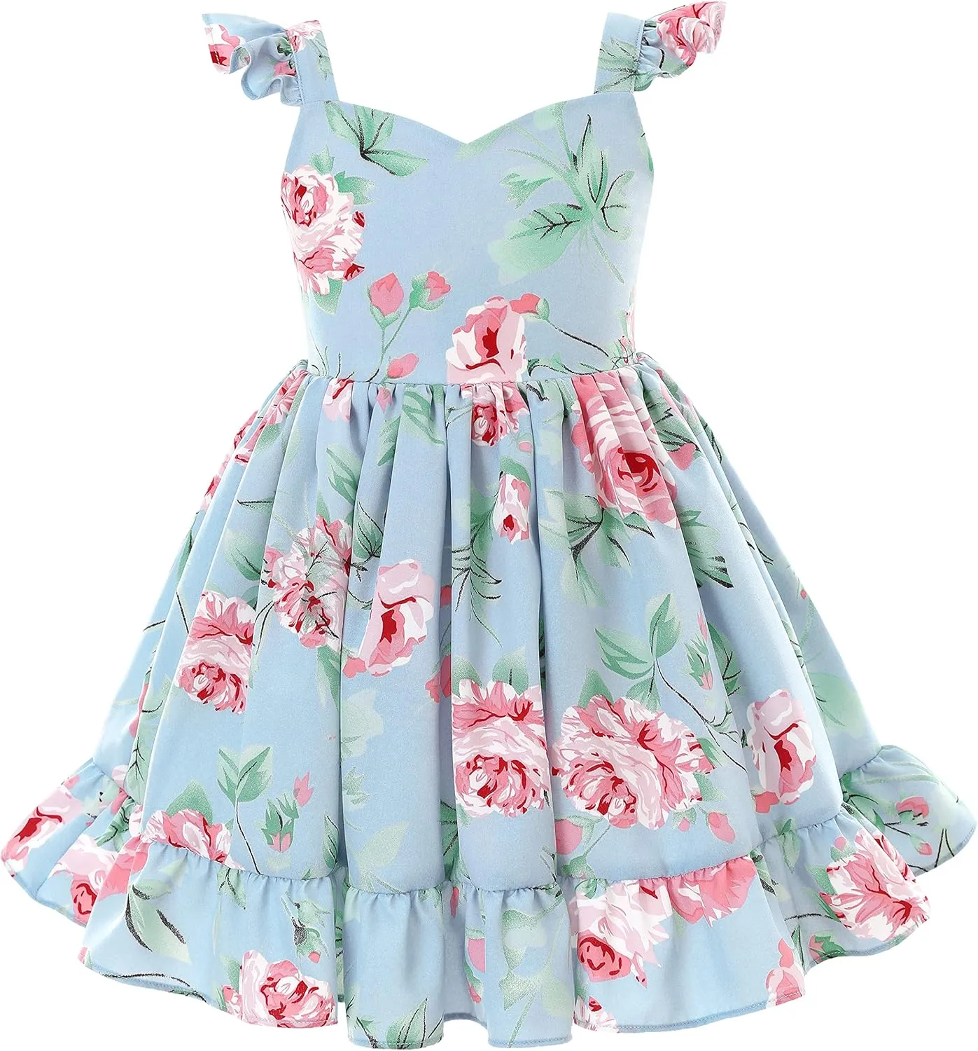 Flofallzique Summer Girls Floral Dress Ruffle Sleeve Tie Back Vintage Toddler Birthday Tea Party Dresses