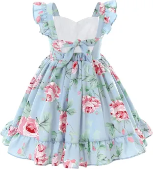 Flofallzique Summer Girls Floral Dress Ruffle Sleeve Tie Back Vintage Toddler Birthday Tea Party Dresses