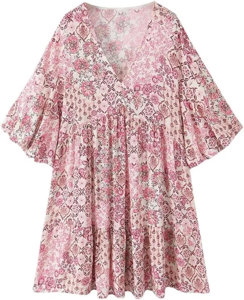 Floral Print Mini Dress Women V-Neck Puff Sleeves Loose Bohemian Beach Dress Casual Summer Sundress(X-Small Short)