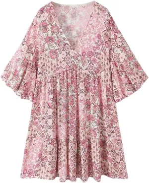 Floral Print Mini Dress Women V-Neck Puff Sleeves Loose Bohemian Beach Dress Casual Summer Sundress(X-Small Short)