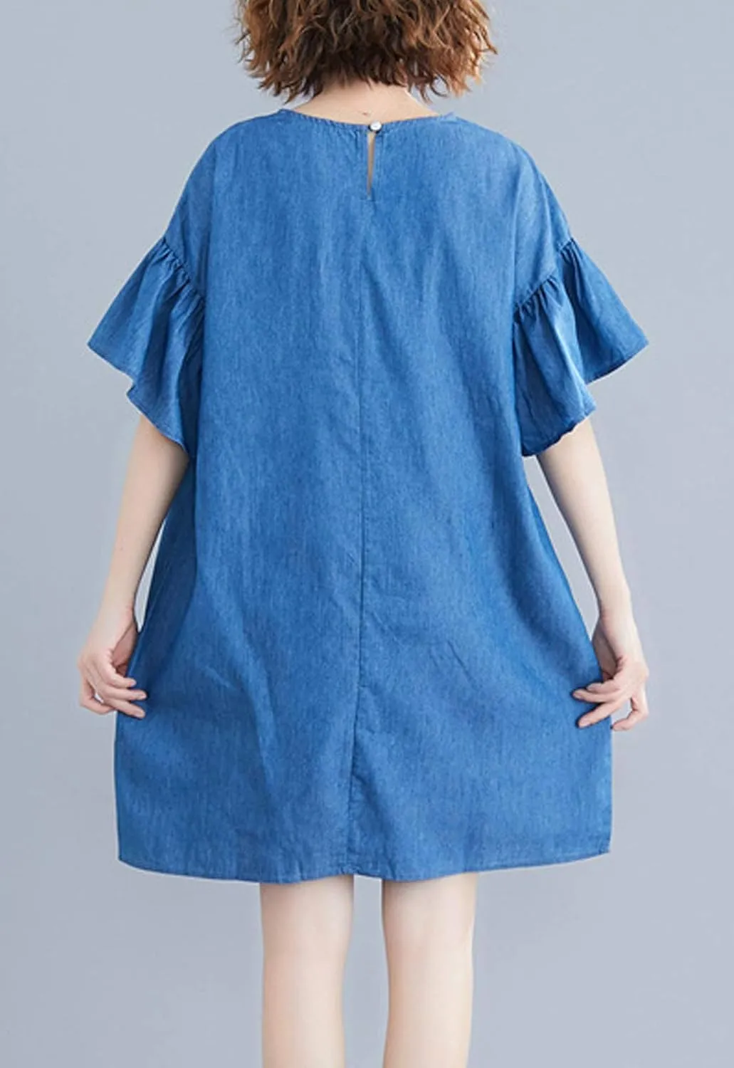 Flygo Womens Loose Baggy Crew Neck Ruffle Sleeve Embroidered Denim Jean Mini Dress