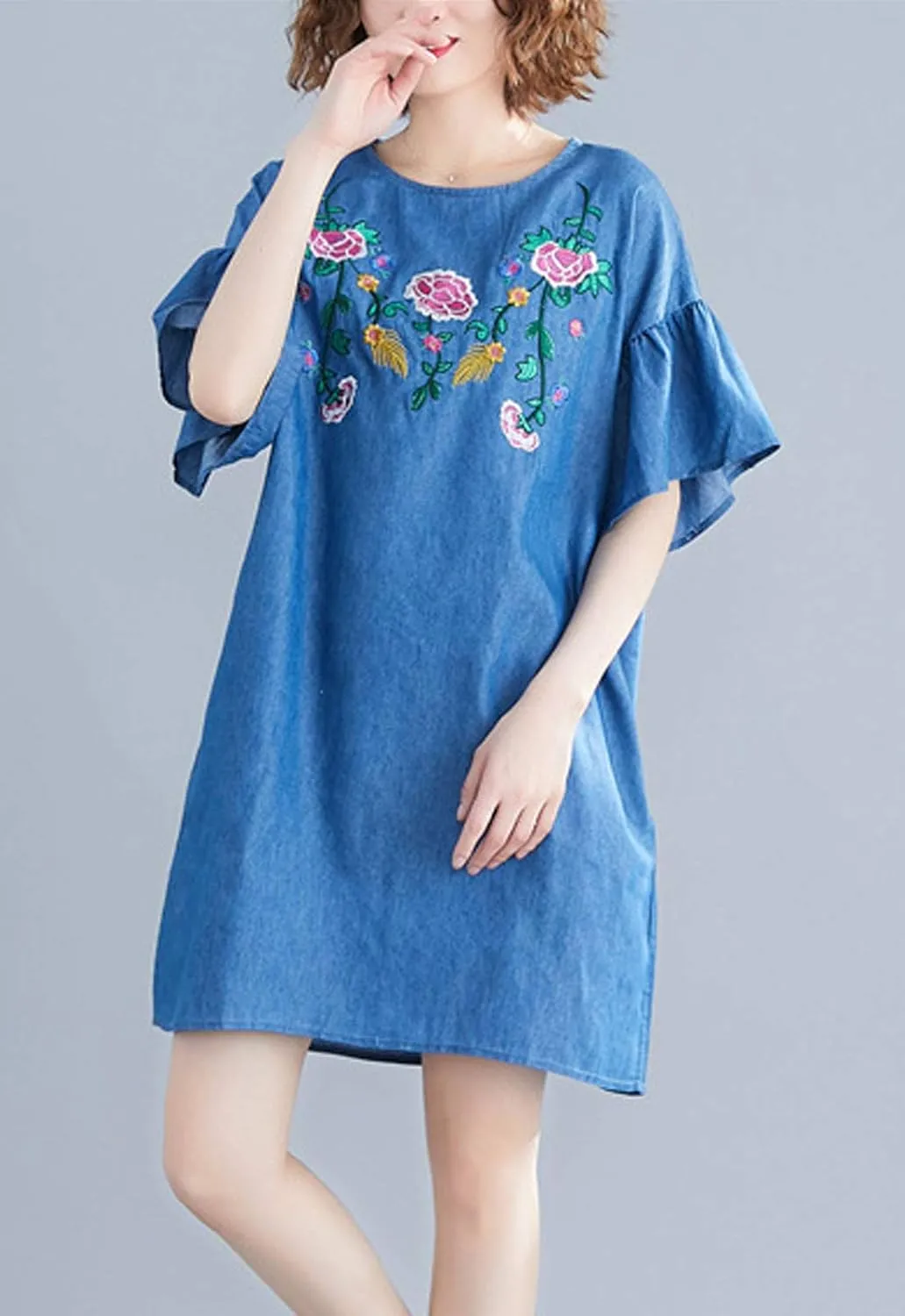 Flygo Womens Loose Baggy Crew Neck Ruffle Sleeve Embroidered Denim Jean Mini Dress