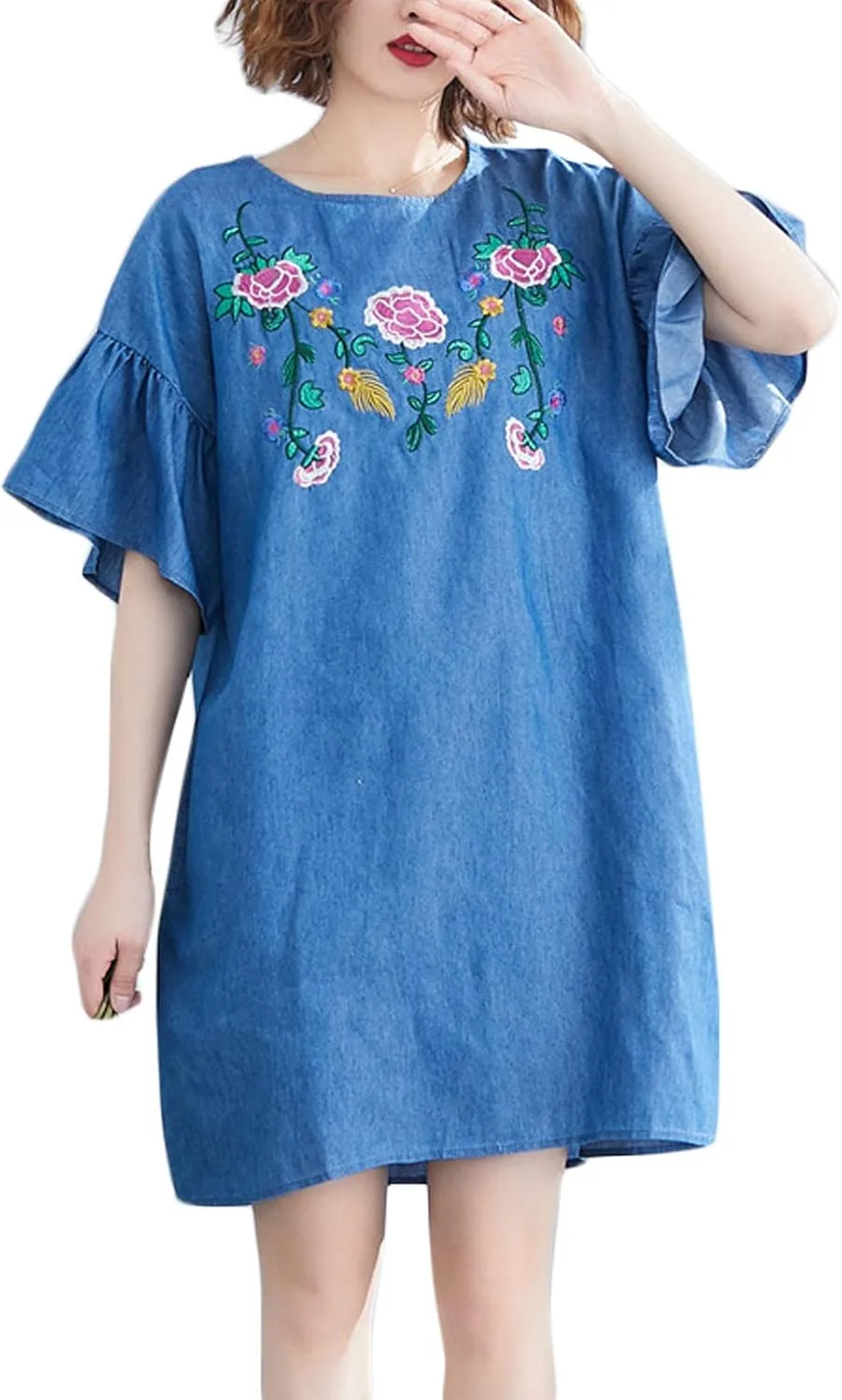 Flygo Womens Loose Baggy Crew Neck Ruffle Sleeve Embroidered Denim Jean Mini Dress