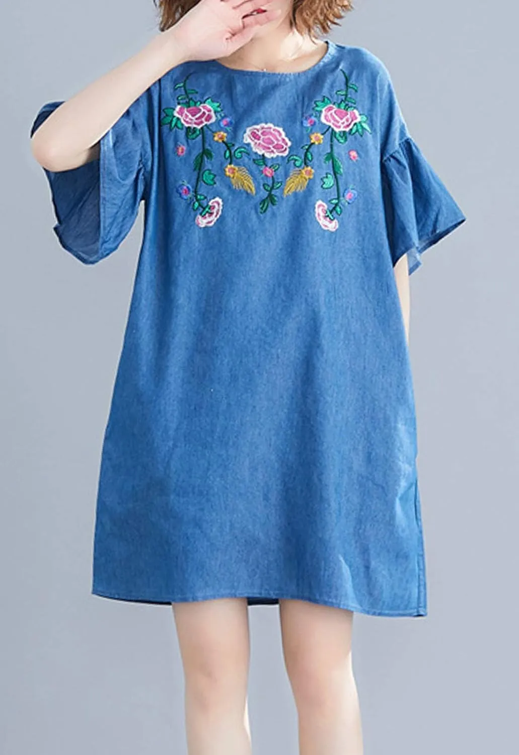 Flygo Womens Loose Baggy Crew Neck Ruffle Sleeve Embroidered Denim Jean Mini Dress