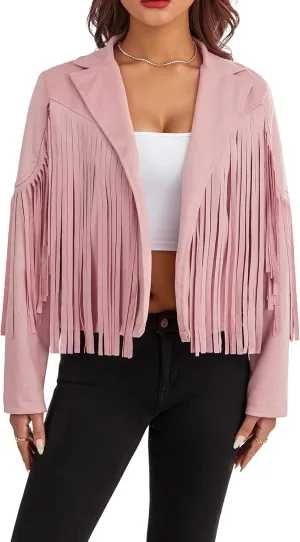 FOMOYUU Women's Chic Cropped Tassel Fringe Jacket Faux Suede Moto Jacket Vintage Lapel Long Sleeve Coat Hippie Cardigan