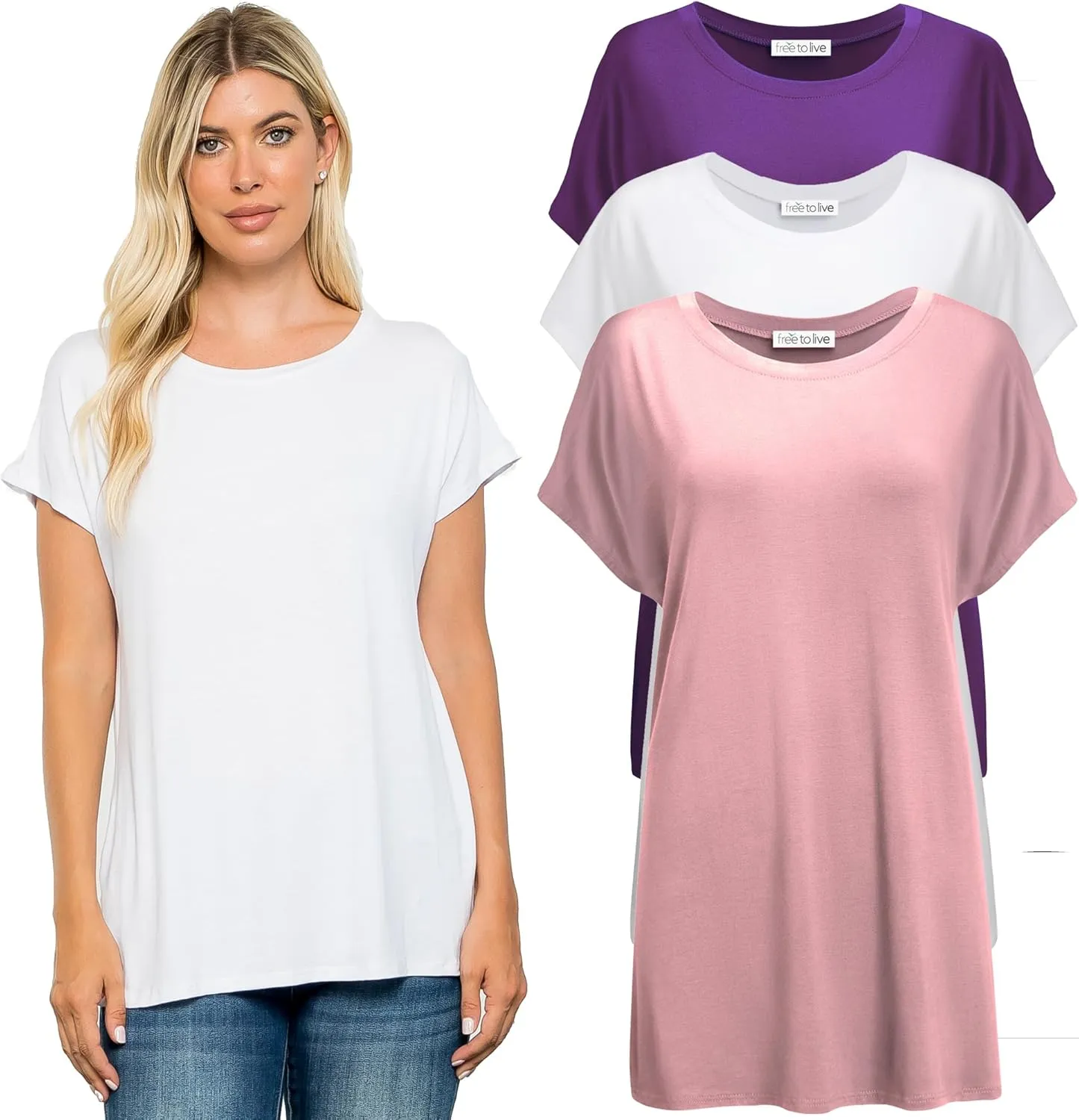 Free to Live 3 Pack Extra Long Tshirts for Women Tunic Tops to Wear with Leggings Short Sleeve Tee Workout T Shirts Loose Fit