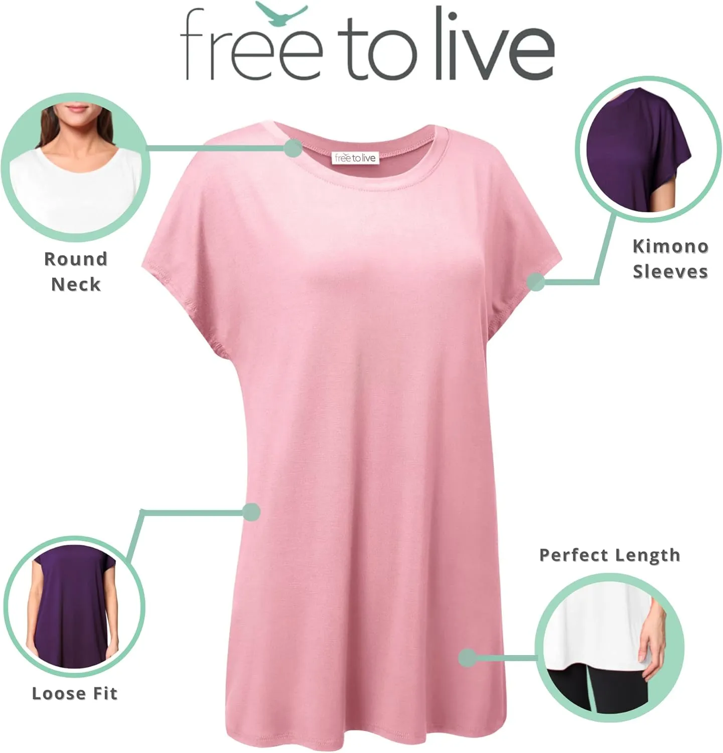 Free to Live 3 Pack Extra Long Tshirts for Women Tunic Tops to Wear with Leggings Short Sleeve Tee Workout T Shirts Loose Fit