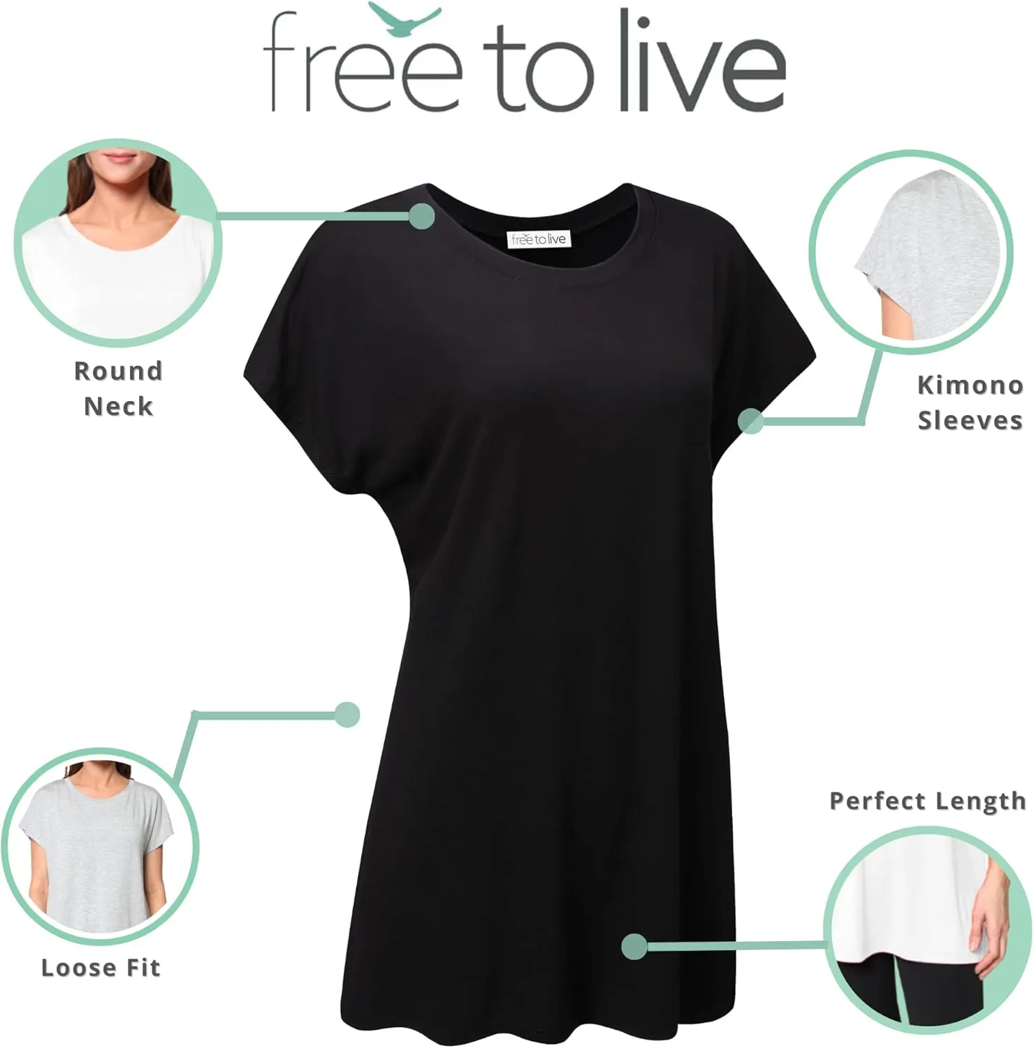Free to Live 3 Pack Extra Long Tshirts for Women Tunic Tops to Wear with Leggings Short Sleeve Tee Workout T Shirts Loose Fit
