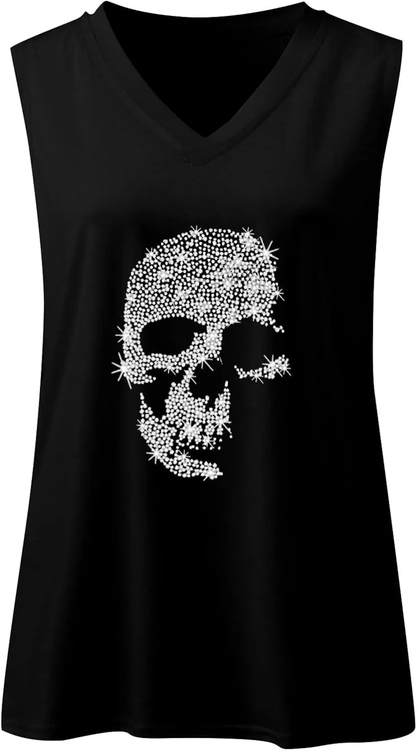 Fronage Women's Rhinestone Skull Tank Tops Loose Graphic V Neck Sleeveless Tee Shirt