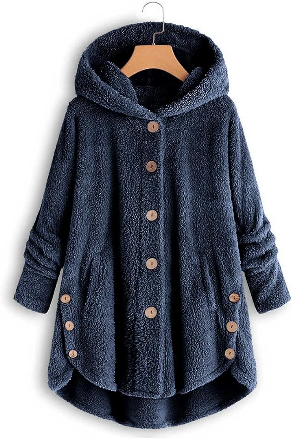 Fuzzy Fleece Hooded Button Down Jacket For Women Oversized Warm Winter Sherpa Cardigan Coat Loungewear