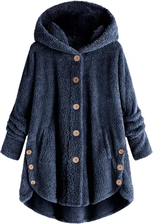 Fuzzy Fleece Hooded Button Down Jacket For Women Oversized Warm Winter Sherpa Cardigan Coat Loungewear