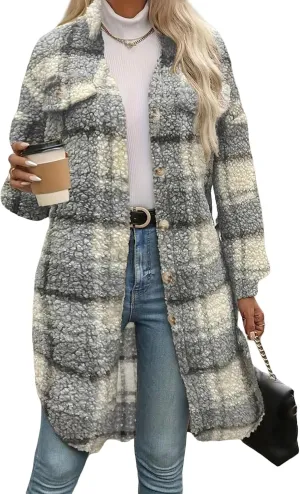 Fuzzy Fleece Plaid Jacket Womens Button Down Lapel Sherpa Shacket Faux Fur Teddy Coats Long Trench Coat with Pockets