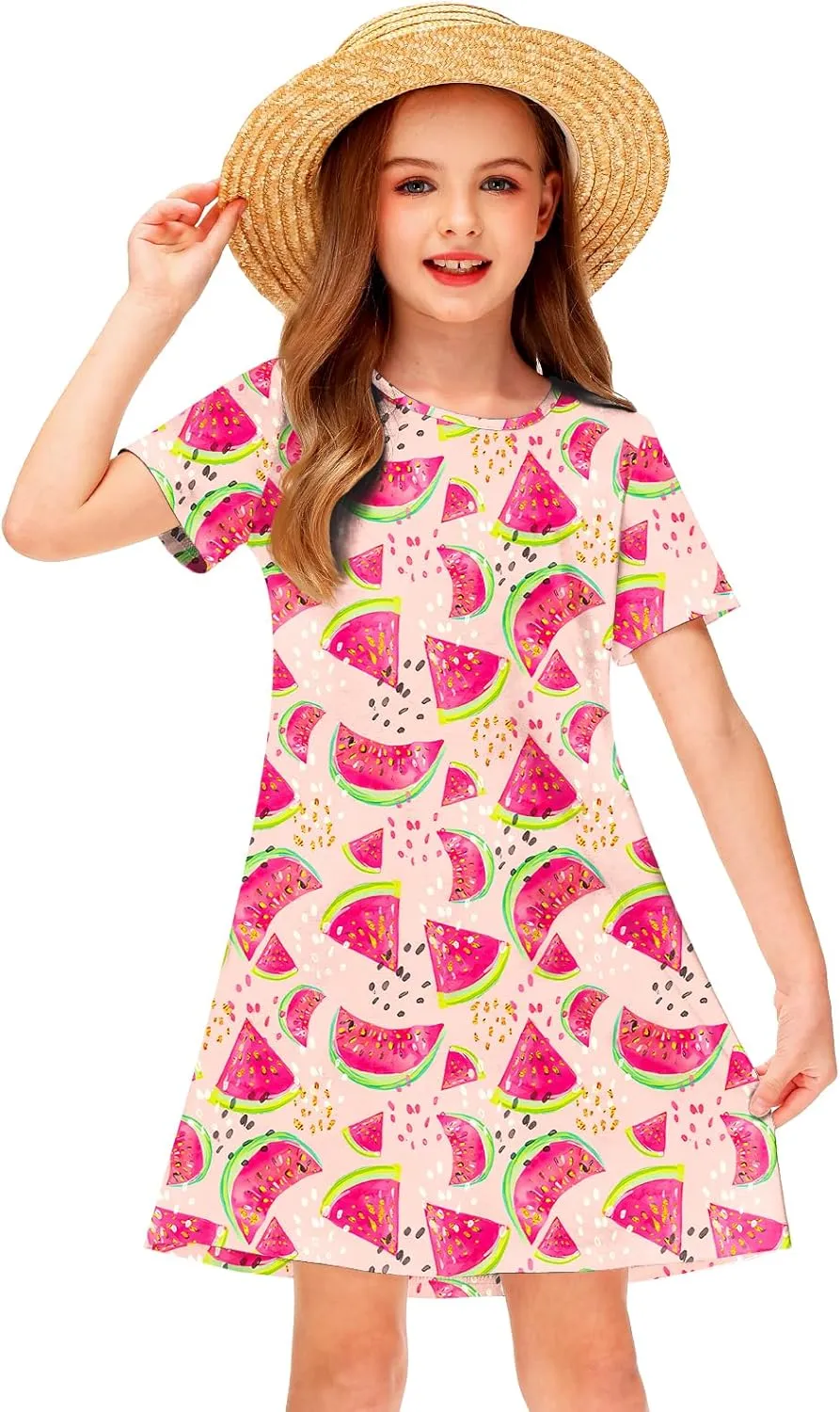 Girl 4th of July Dresses Short Sleeve Summer Hawaiian Tshirt Dress 5-14 Years