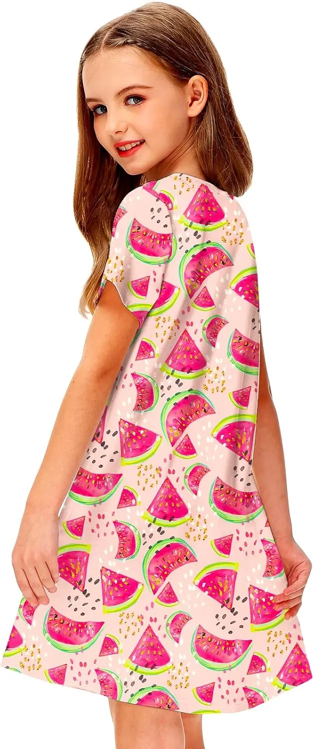Girl 4th of July Dresses Short Sleeve Summer Hawaiian Tshirt Dress 5-14 Years