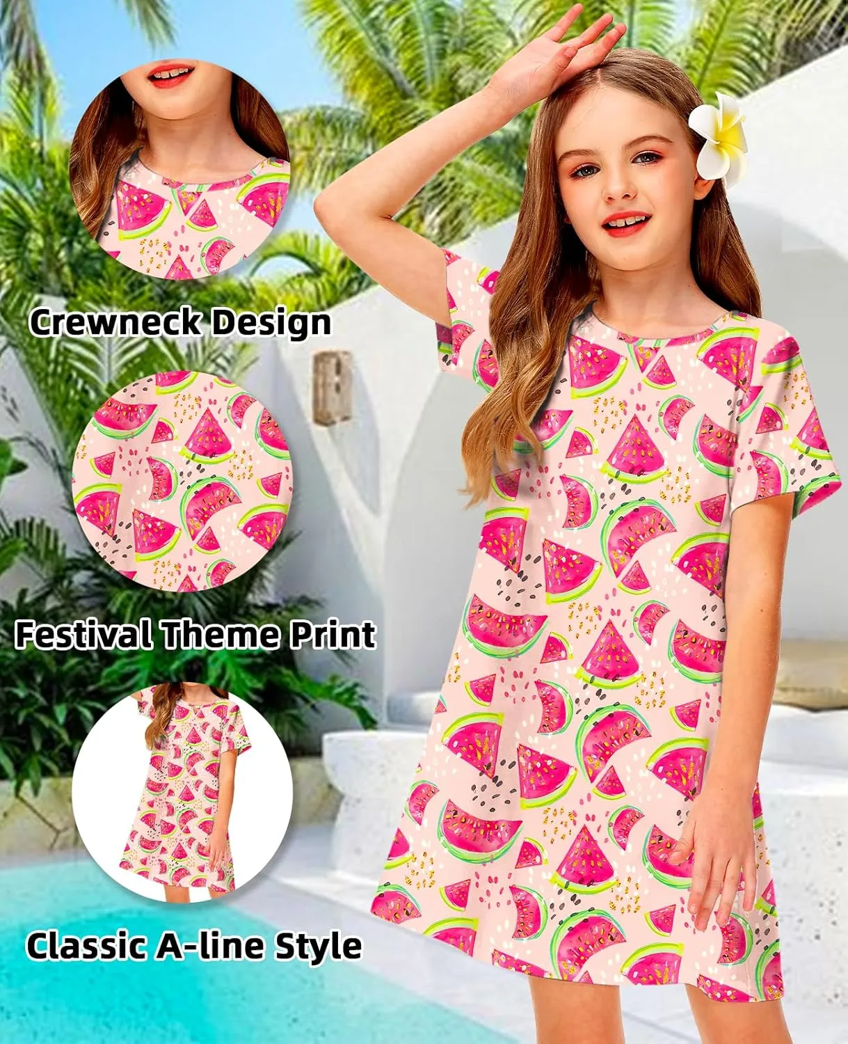 Girl 4th of July Dresses Short Sleeve Summer Hawaiian Tshirt Dress 5-14 Years