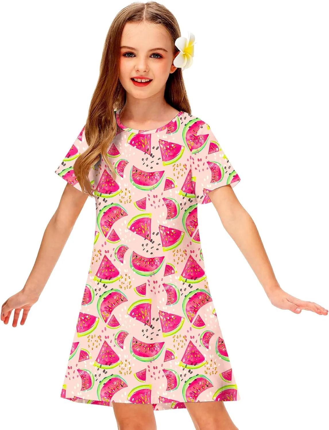 Girl 4th of July Dresses Short Sleeve Summer Hawaiian Tshirt Dress 5-14 Years