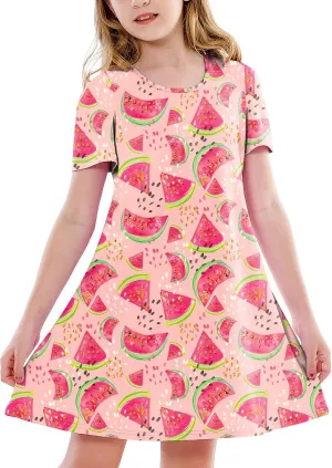 Girl 4th of July Dresses Short Sleeve Summer Hawaiian Tshirt Dress 5-14 Years