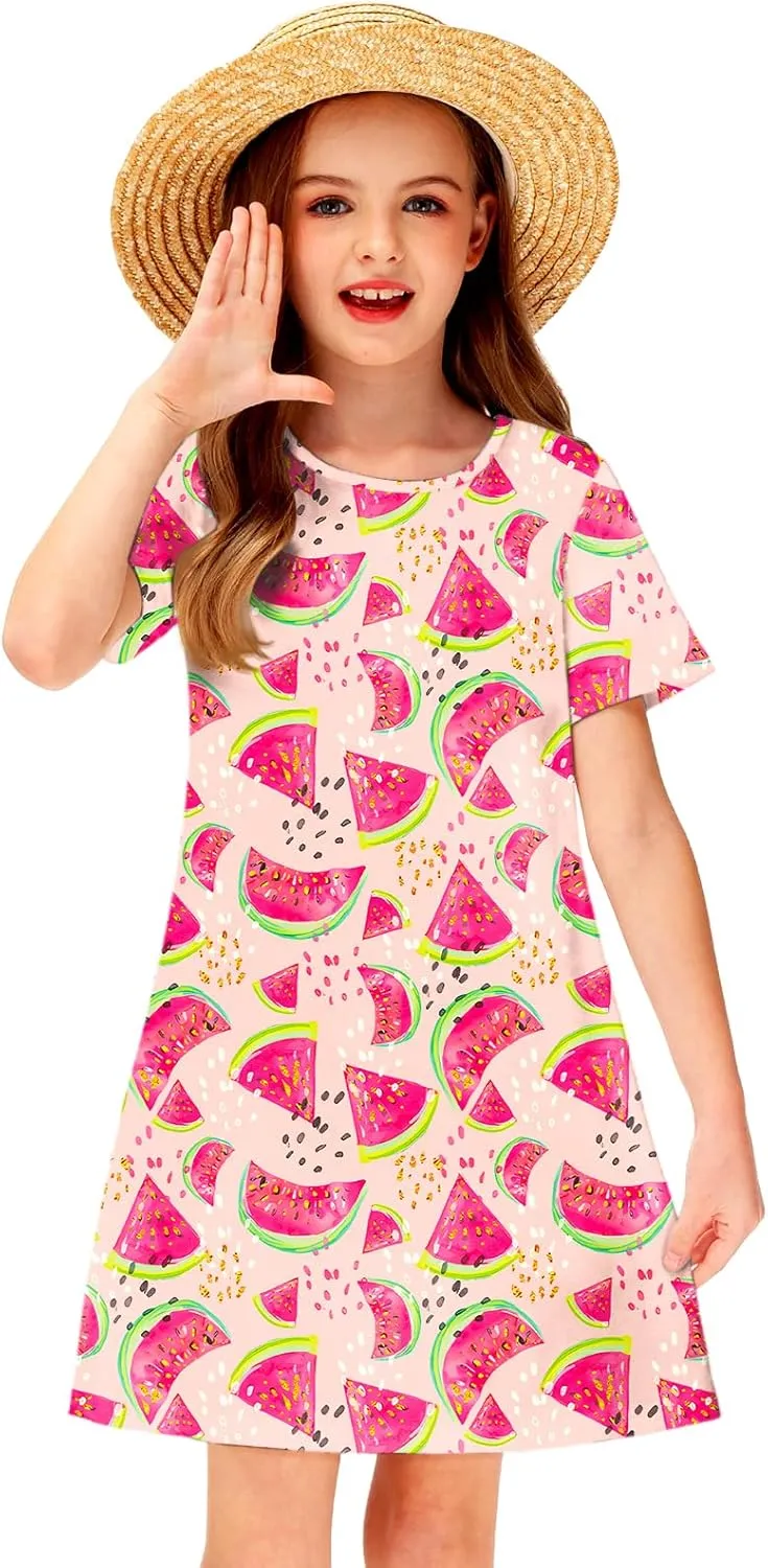 Girl 4th of July Dresses Short Sleeve Summer Hawaiian Tshirt Dress 5-14 Years