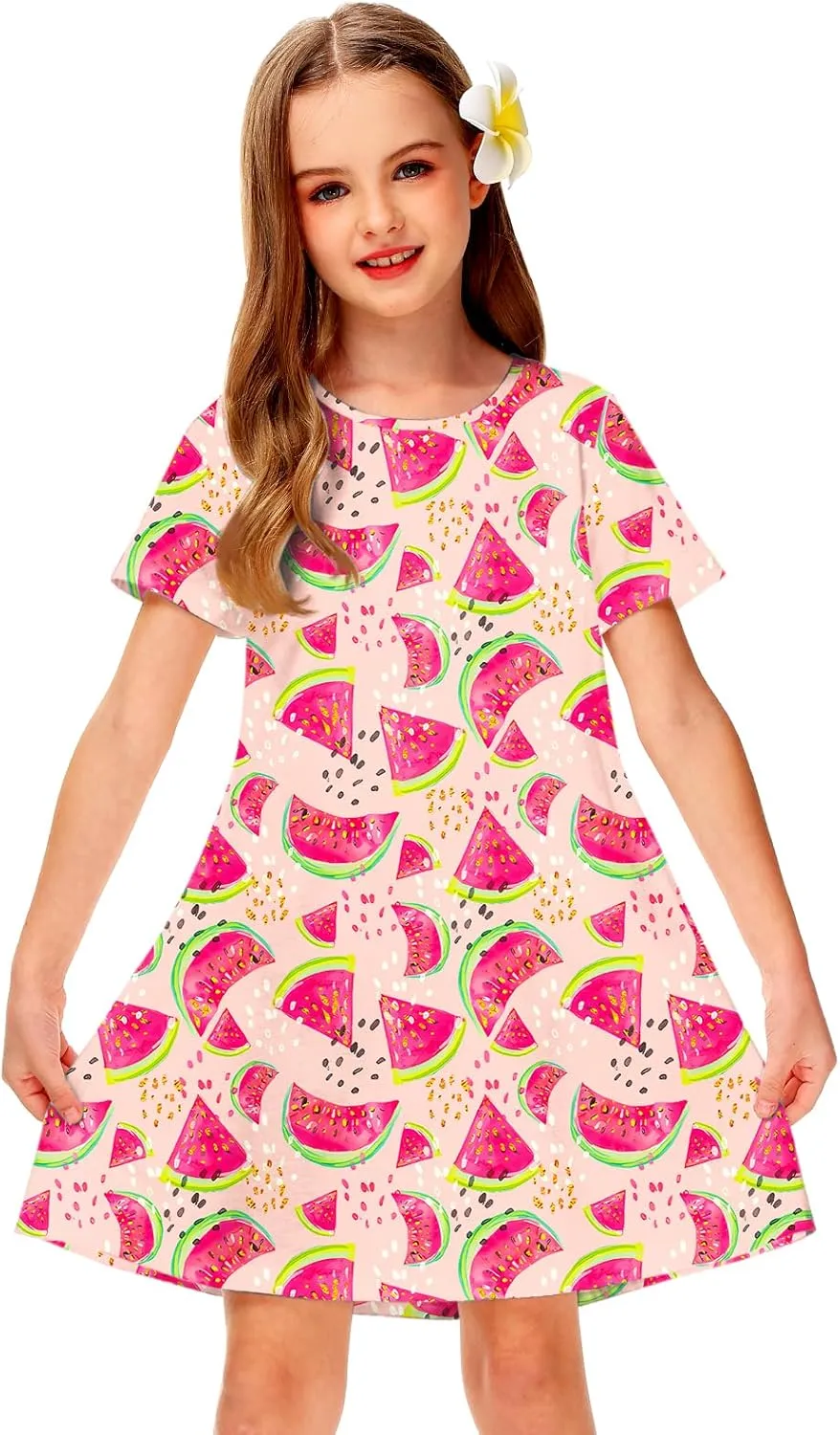 Girl 4th of July Dresses Short Sleeve Summer Hawaiian Tshirt Dress 5-14 Years