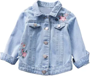 Girls Embroidered Denim Jacket Long Sleeve Botton Down Tops Laple Up Floral Prints with Pocket Coat Fashion Playwear