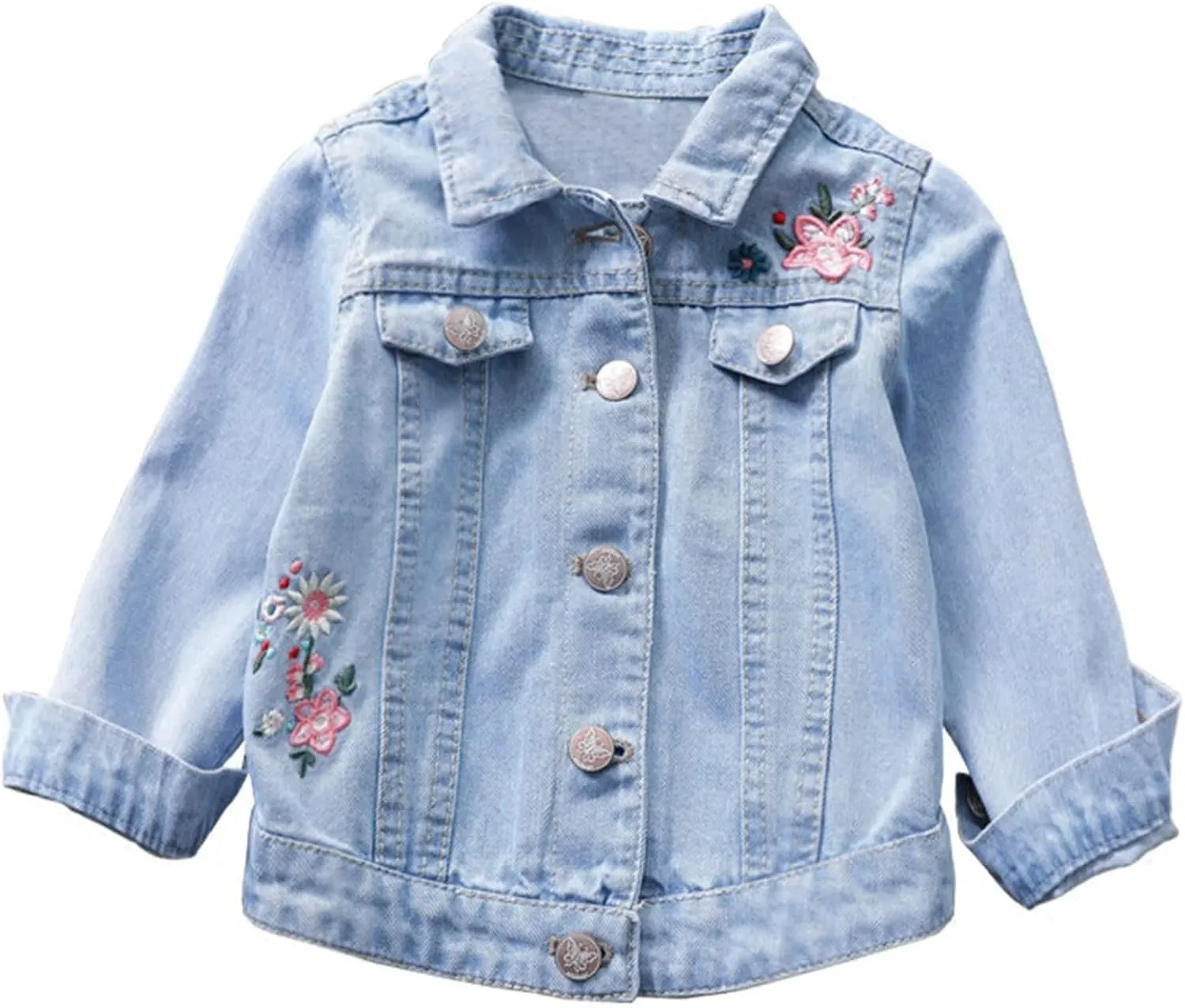 Girls Embroidered Denim Jacket Long Sleeve Botton Down Tops Laple Up Floral Prints with Pocket Coat Fashion Playwear