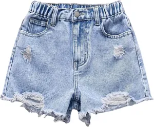 Girl's Ripped Raw Hem Straight Leg Jean Shorts Elastic Waist Zipper Fly Denim Shorts