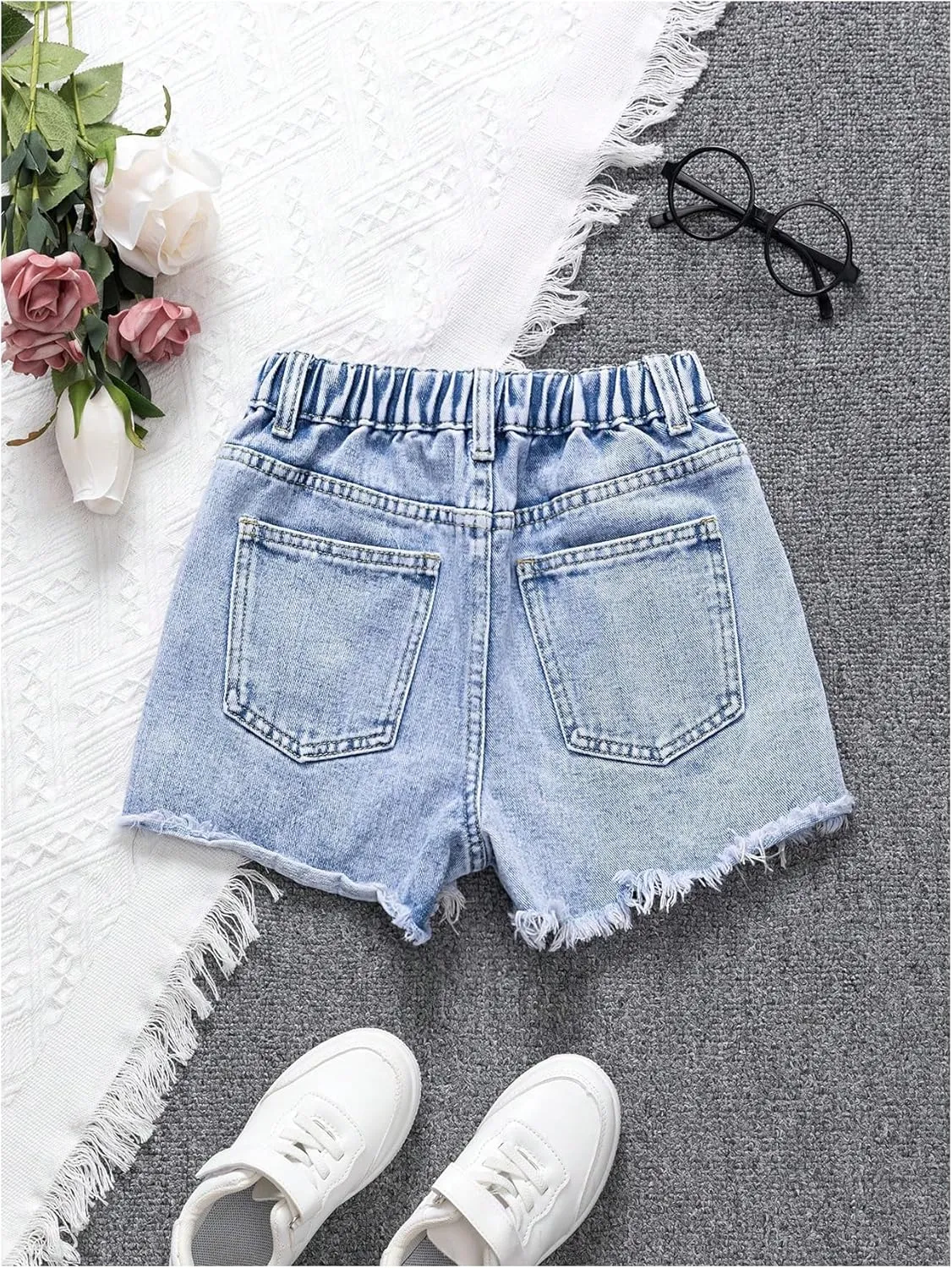 Girl's Ripped Raw Hem Straight Leg Jean Shorts Elastic Waist Zipper Fly Denim Shorts