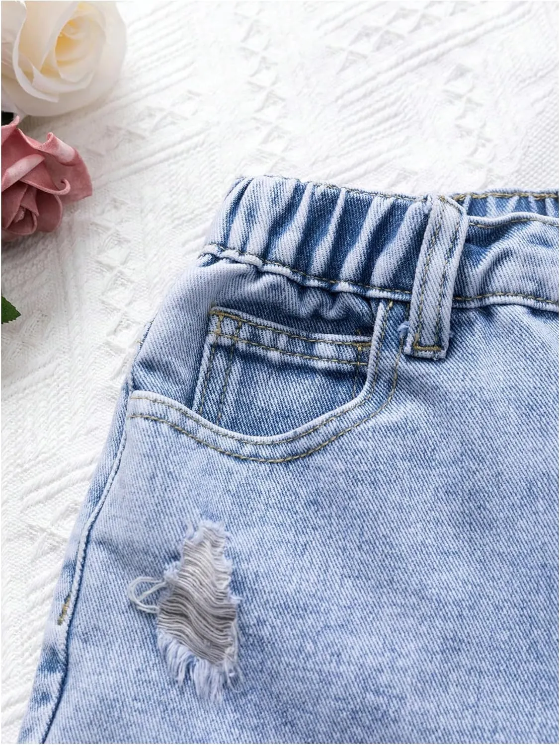 Girl's Ripped Raw Hem Straight Leg Jean Shorts Elastic Waist Zipper Fly Denim Shorts
