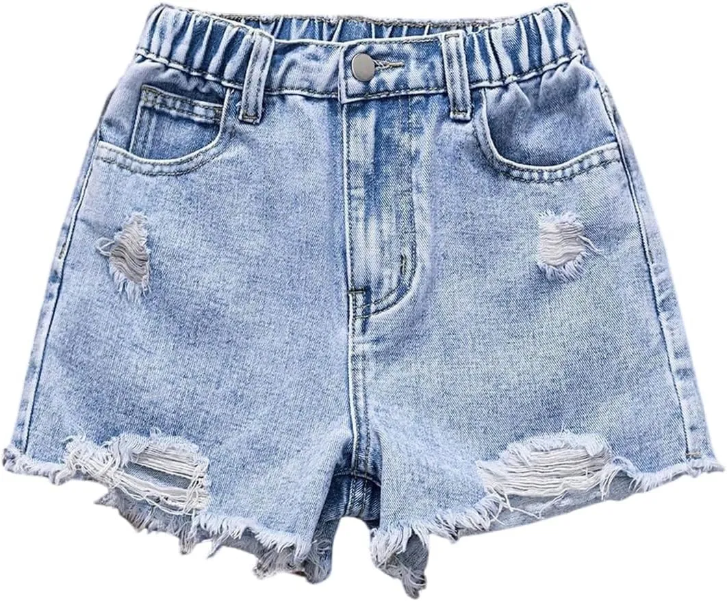 Girl's Ripped Raw Hem Straight Leg Jean Shorts Elastic Waist Zipper Fly Denim Shorts