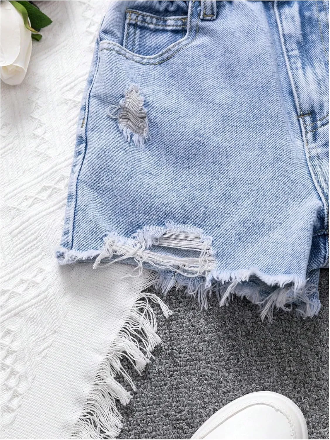 Girl's Ripped Raw Hem Straight Leg Jean Shorts Elastic Waist Zipper Fly Denim Shorts