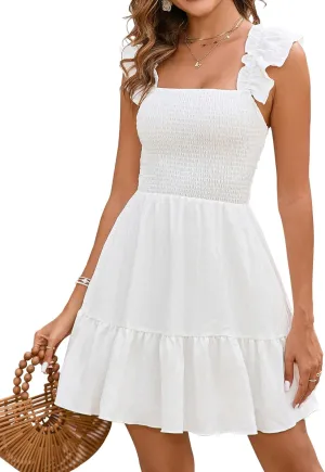 GLNEGE Women's Summer Grauation Mini Dress Casaul Flowy A-Line Ruffle Party Dresses Square Neck Smocked Trendy Sundress 2025