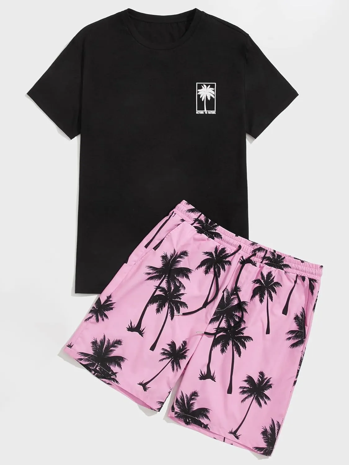 GORGLITTER Men's 2 Piece Short Sleeve Graphic Tee Hawaiian Printed Drawstring Shorts Set