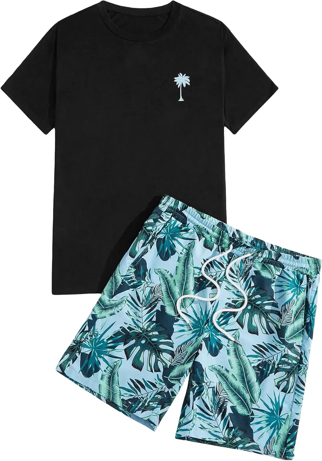 GORGLITTER Men's 2 Piece Short Sleeve Graphic Tee Hawaiian Printed Drawstring Shorts Set