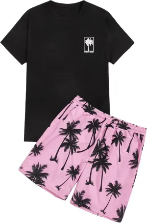 GORGLITTER Men's 2 Piece Short Sleeve Graphic Tee Hawaiian Printed Drawstring Shorts Set