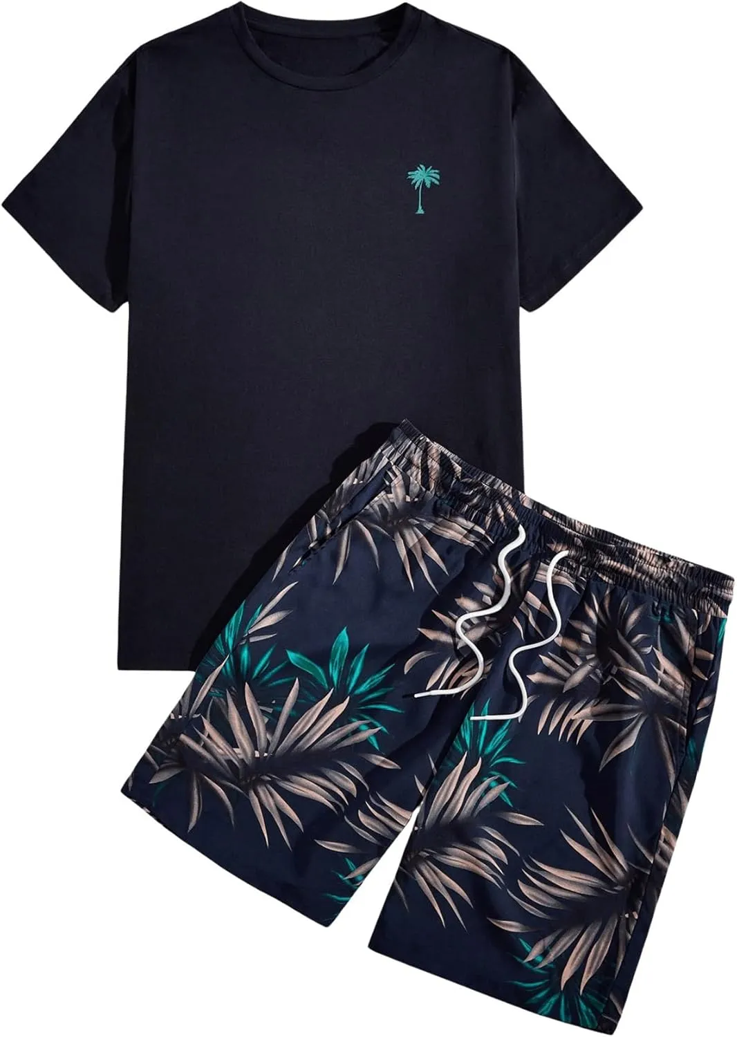 GORGLITTER Men's 2 Piece Short Sleeve Graphic Tee Hawaiian Printed Drawstring Shorts Set