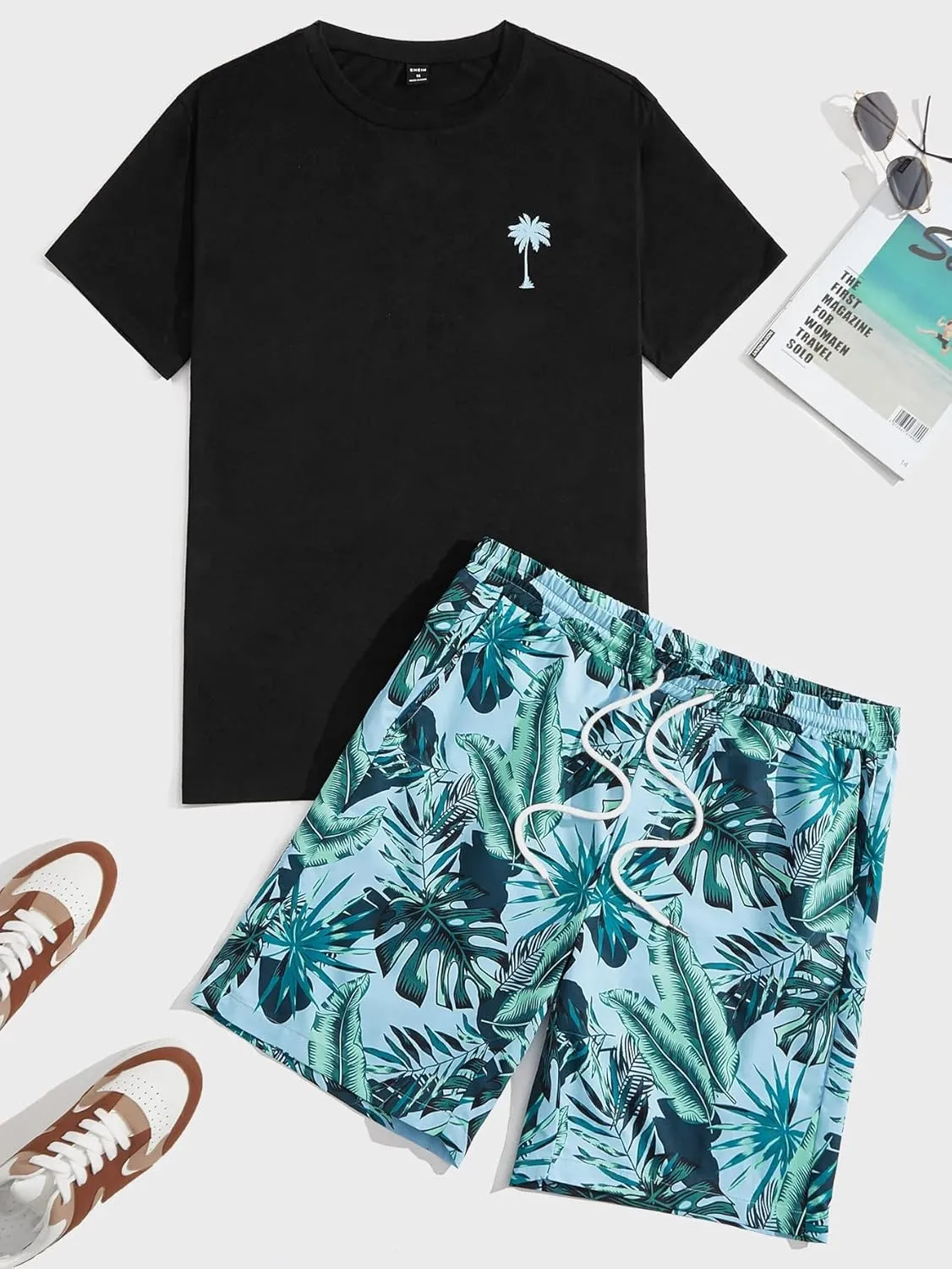 GORGLITTER Men's 2 Piece Short Sleeve Graphic Tee Hawaiian Printed Drawstring Shorts Set