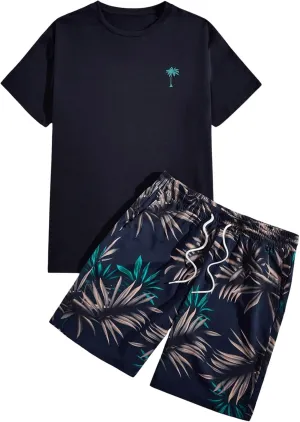 GORGLITTER Men's 2 Piece Short Sleeve Graphic Tee Hawaiian Printed Drawstring Shorts Set