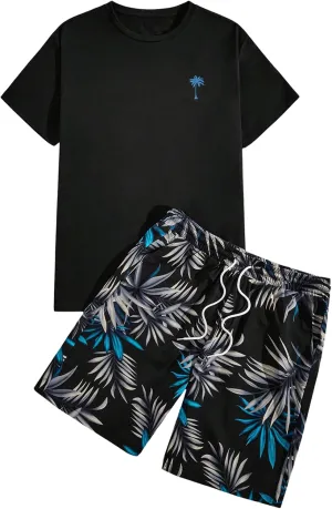 GORGLITTER Men's 2 Piece Short Sleeve Graphic Tee Hawaiian Printed Drawstring Shorts Set