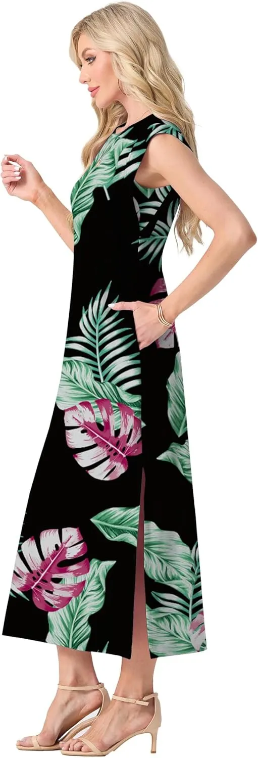 GRECERELLE 2025 Women Summer Casual Round Neck Cap Sleeve Maxi Dress with Pockets Beach Vacation Sundress