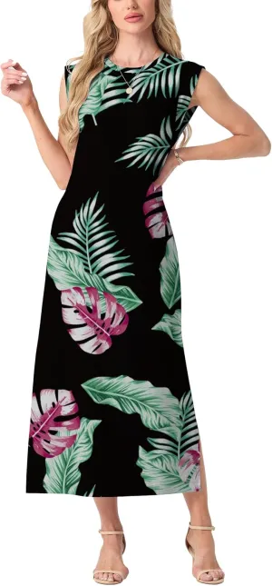 GRECERELLE 2025 Women Summer Casual Round Neck Cap Sleeve Maxi Dress with Pockets Beach Vacation Sundress
