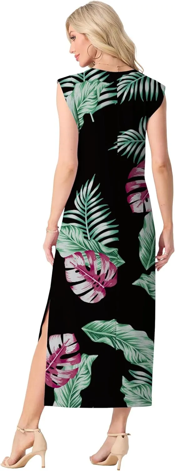 GRECERELLE 2025 Women Summer Casual Round Neck Cap Sleeve Maxi Dress with Pockets Beach Vacation Sundress