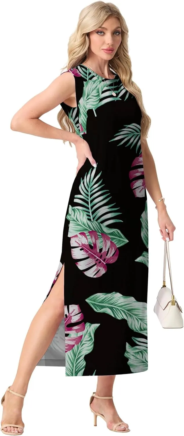 GRECERELLE 2025 Women Summer Casual Round Neck Cap Sleeve Maxi Dress with Pockets Beach Vacation Sundress