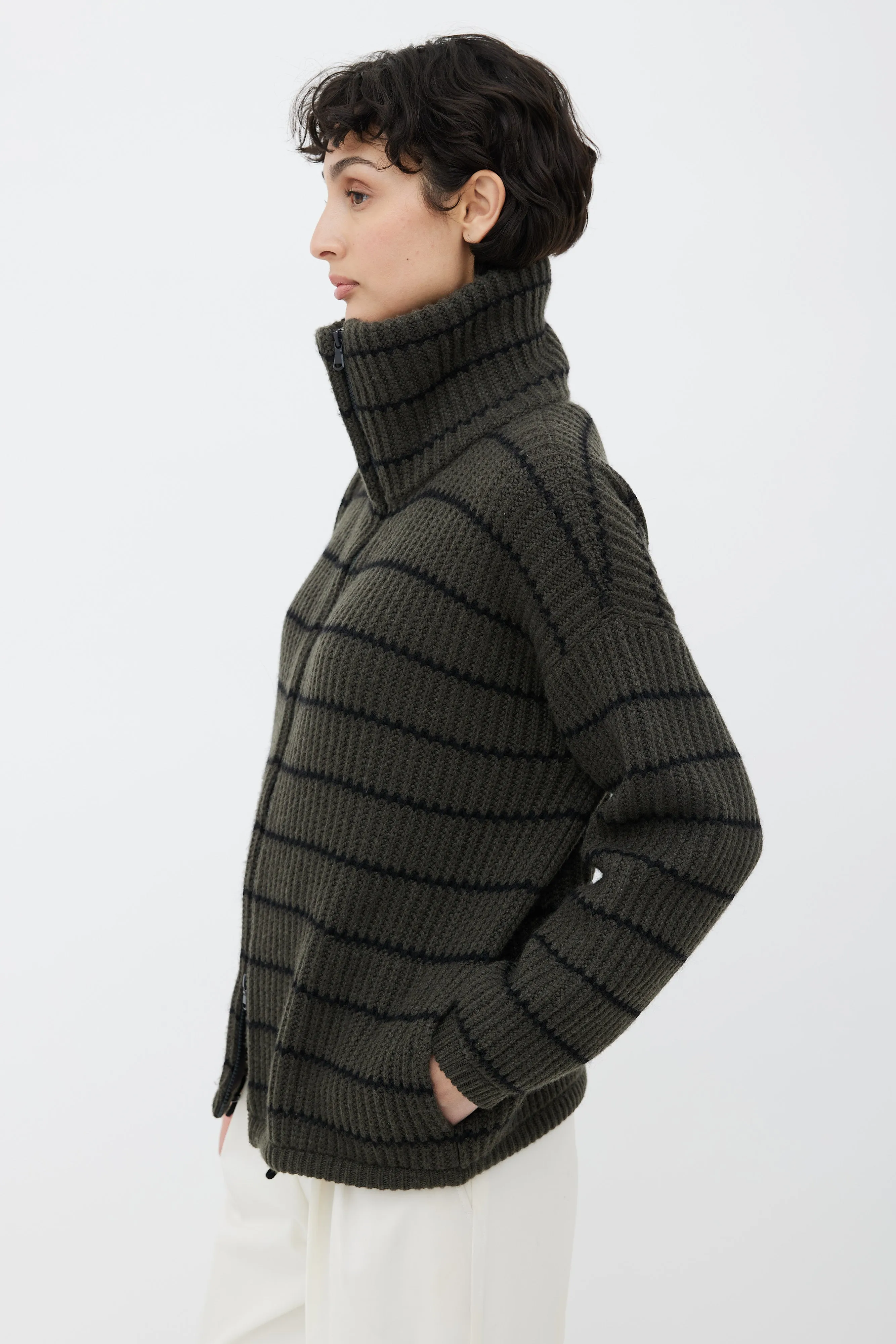 Green & Black Cashmere Stripe Zip Up Sweater