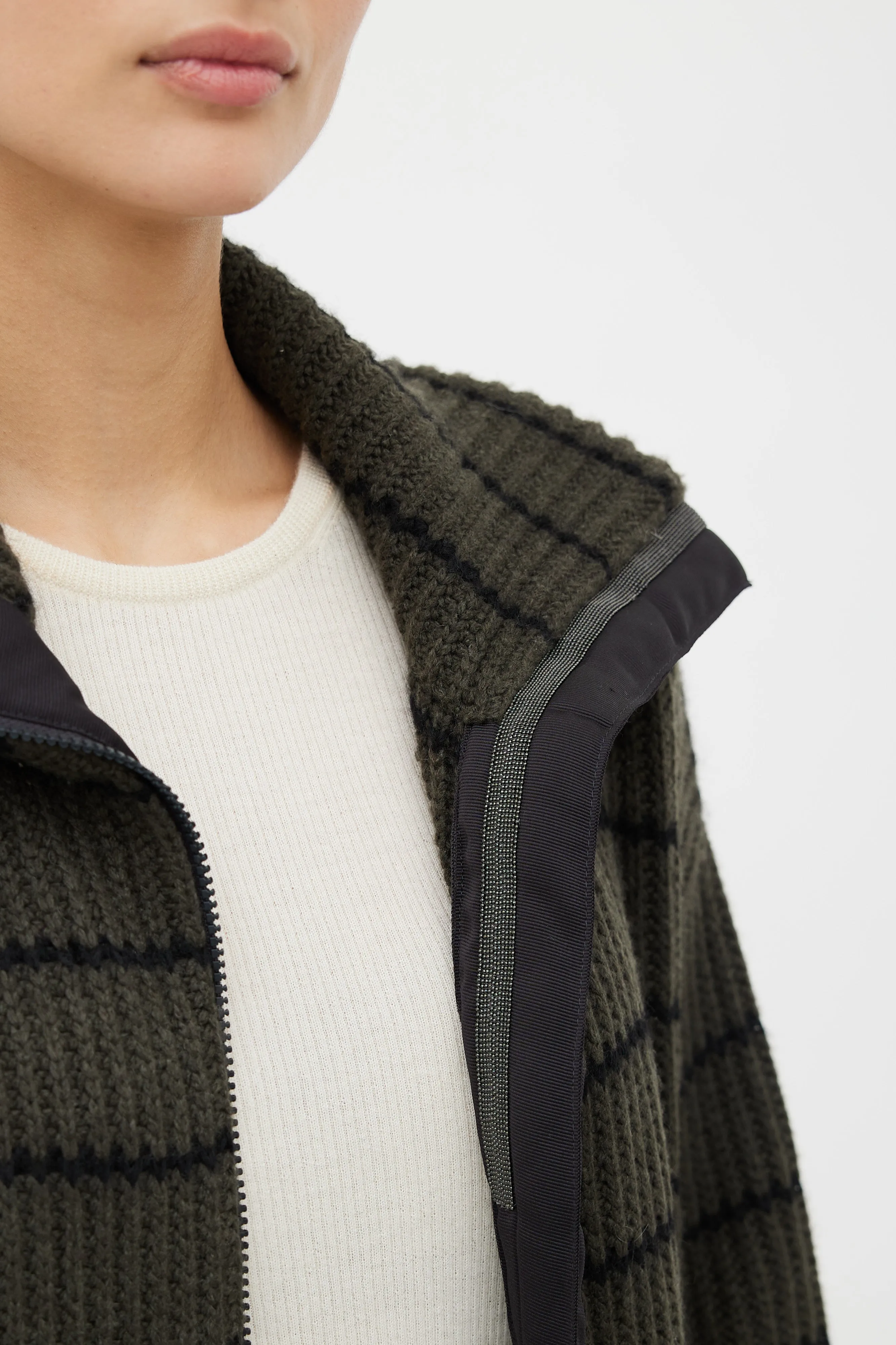 Green & Black Cashmere Stripe Zip Up Sweater