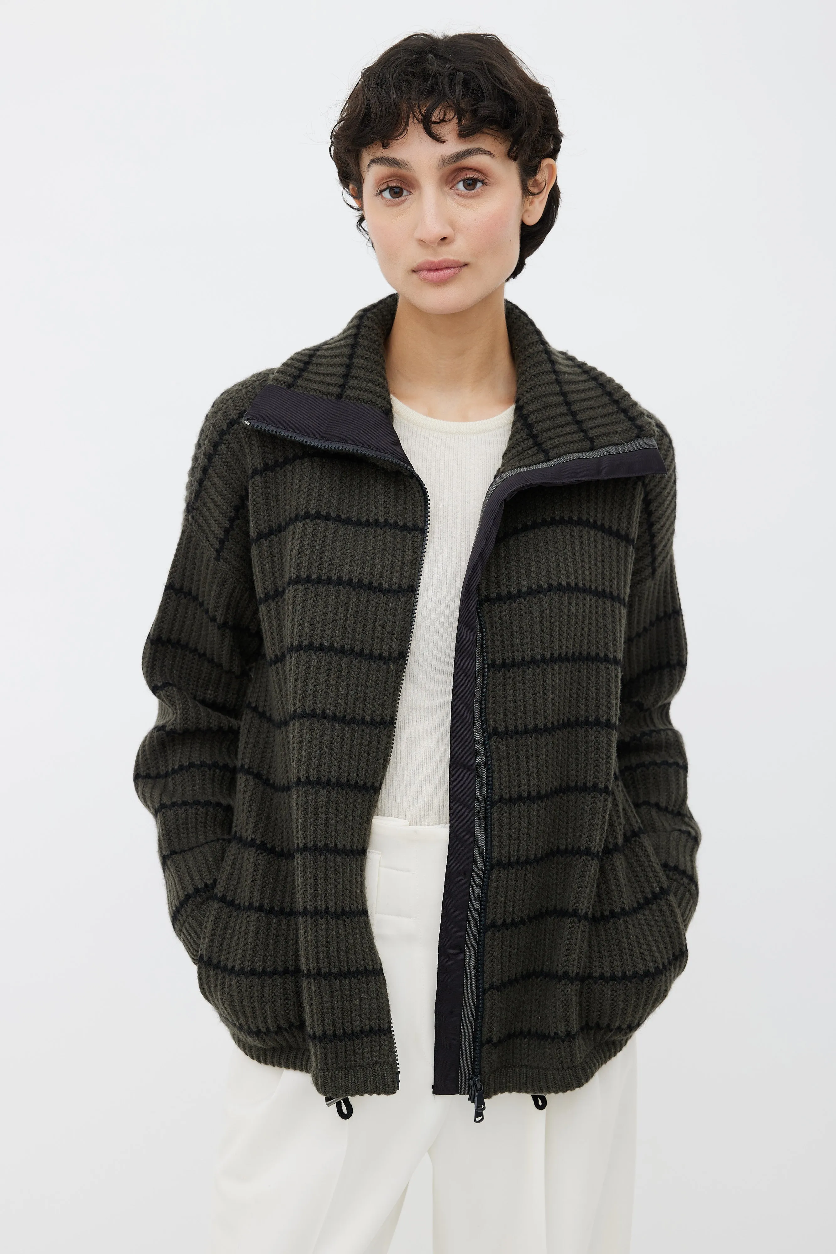 Green & Black Cashmere Stripe Zip Up Sweater