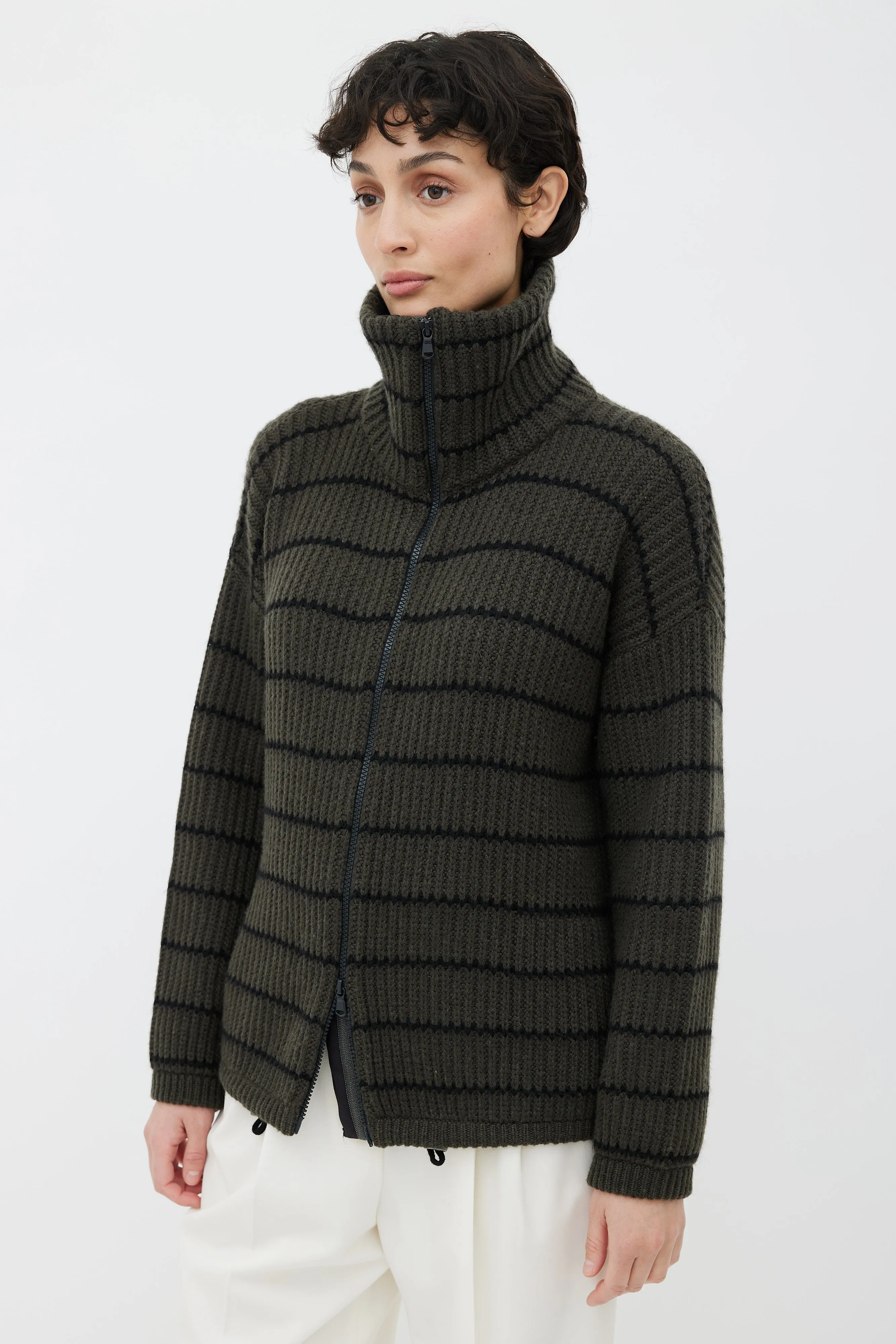 Green & Black Cashmere Stripe Zip Up Sweater