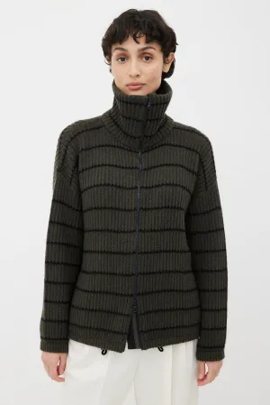 Green & Black Cashmere Stripe Zip Up Sweater